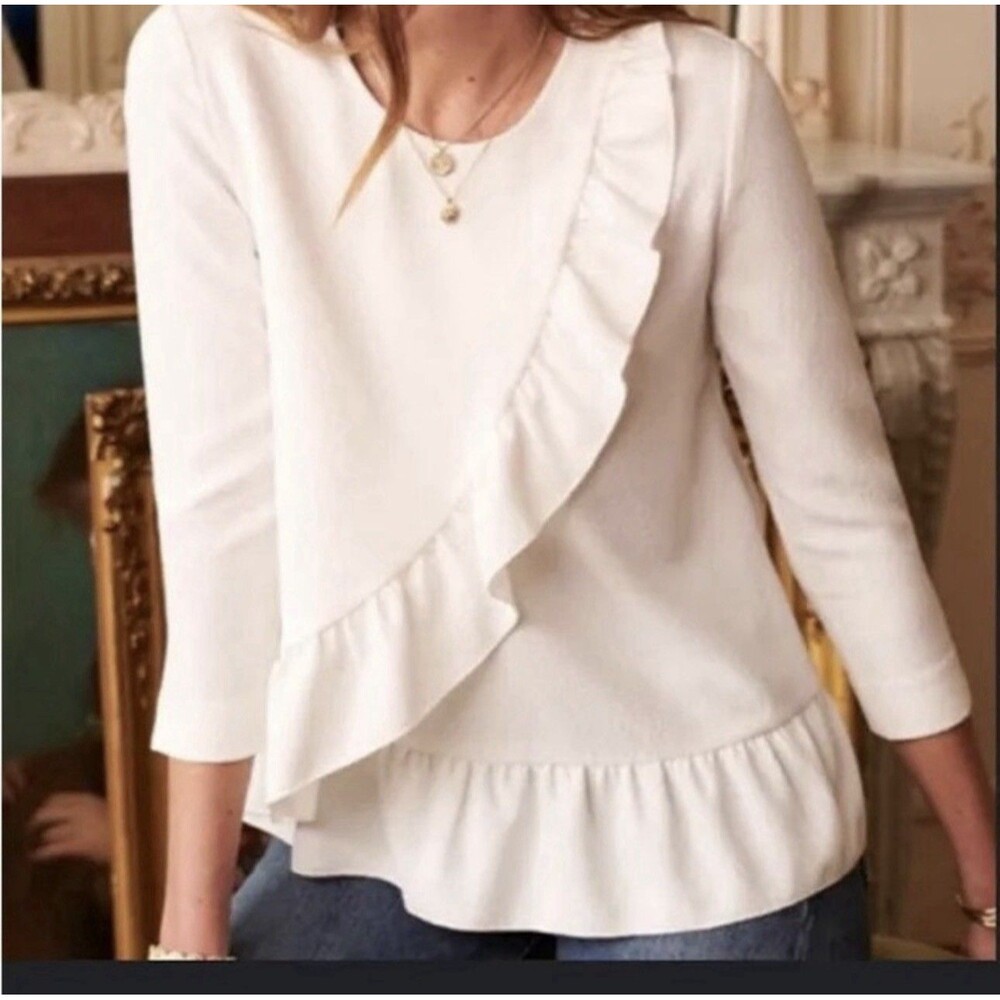 Sezane Jerry Top Ivory Ruffle Blouse 3/4 Sleeve Women FR 36 US 4